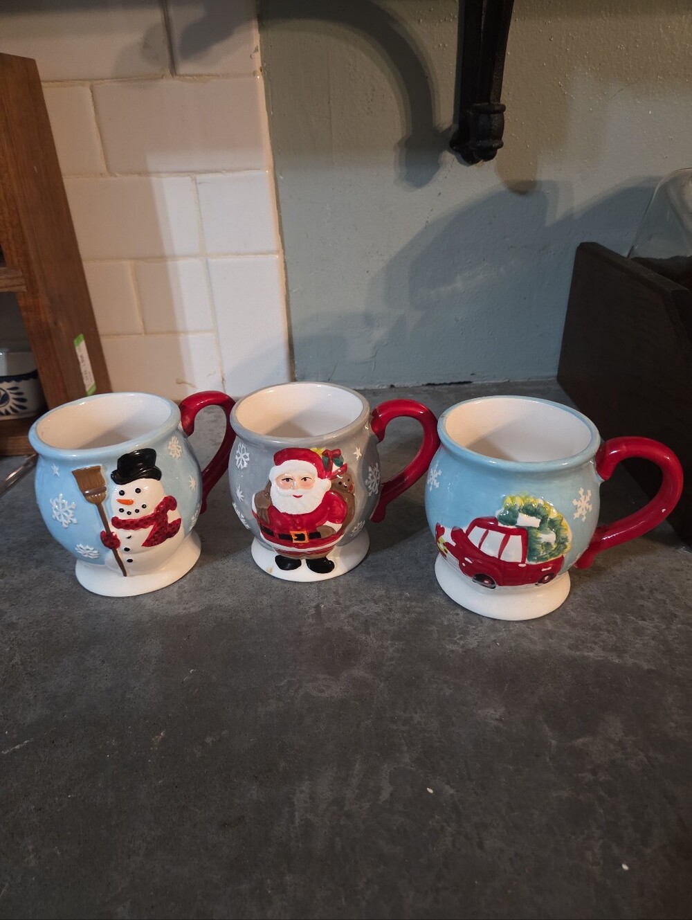 3 Holiday Time Earthenware Christmas Cups-Hand Painted-Vintage Style.